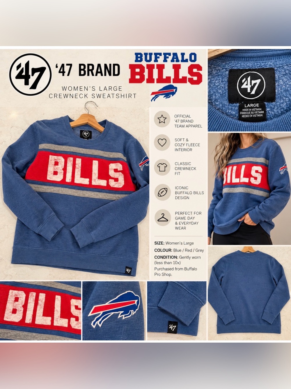 Buffalo Bills ’47 Brand Women’s Crewneck Sweatshirt Blue – Size L